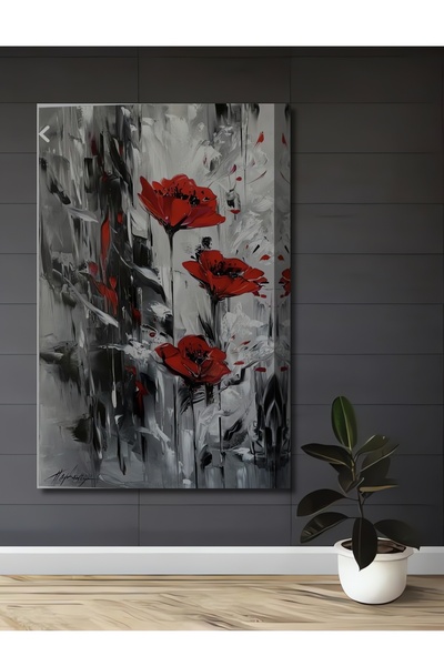 Teona Ahşap Kırmızı Gelincikler Yağlı Boya Görünümlü Modern Sanat Dekoratif A...
