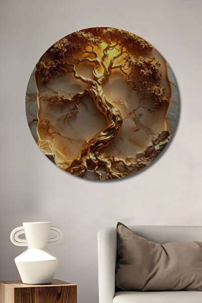 Teona Ahşap Altın Ağaç Yaşam Enerjisi Dekoratif Ahşap Tablo Yuvarlak Duvar Ta...