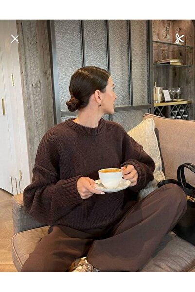 ELWES Kadın Oversize Acı Kahve Yünlü Kazak