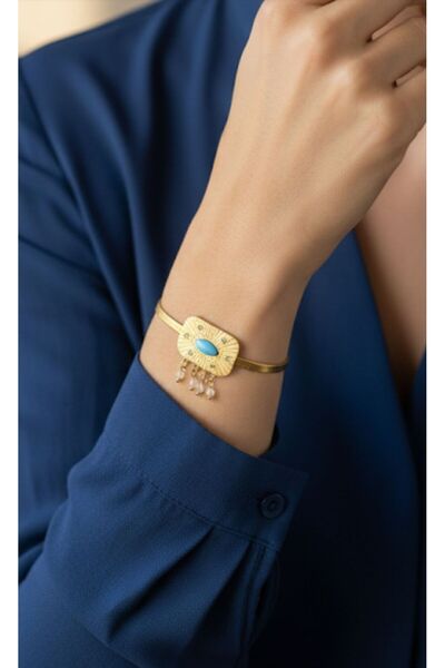 AKSESUARIM Women's Blue Stone Detailed Dangle Steel Bracelet