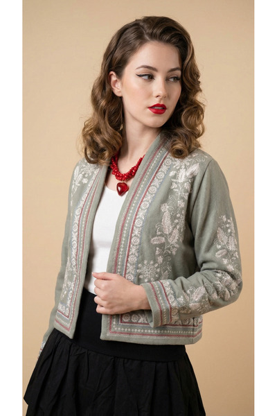 Matcha Butik Women's Ethnic Embroidered Cashmere Jacket Water Green