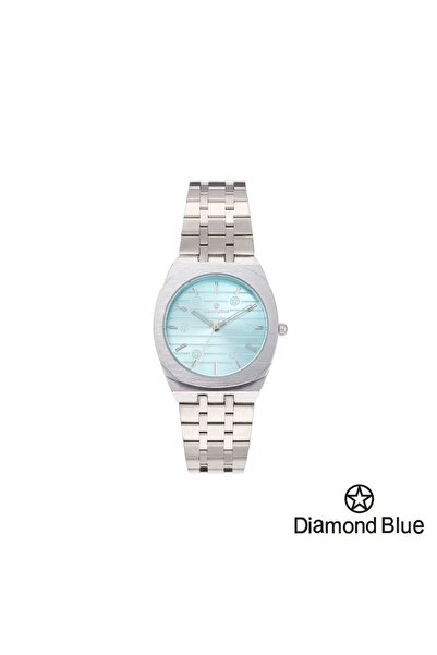 Diamond Blue ساعة رجالية، سور فضي، وصحن سماوي فاتح.