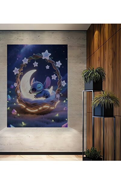 Teona Ahşap Sevimli Stitch Ay Işığında Uyuyor Ahşap Dekoratif Ev,Antre,Salon,...