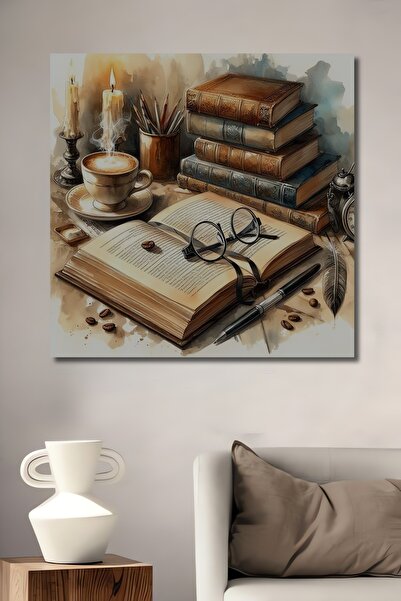 Teona Ahşap Sulu Boya Görünümlü Kitap Kahve Mum Işık Sanat Ev,Antre,Salon,Ofi...