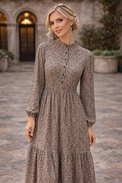 Masspera Kadın Hakim Yaka Uzun Kollu Düğmeli Desenli Maxi Süprem Elbise