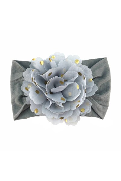 Superbaby Bentita gri lata cu floare din tulle si buline aurii