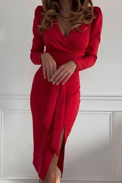 Mossta Slit Double-Breasted Collar Midi Imported Crepe Dress - Red