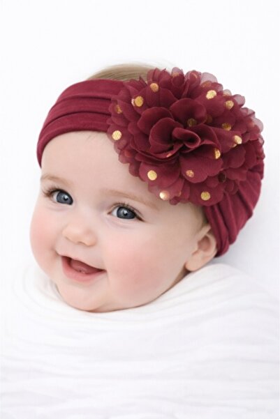 Superbaby Wide burgundy headband with tulle flower and gold polka dots