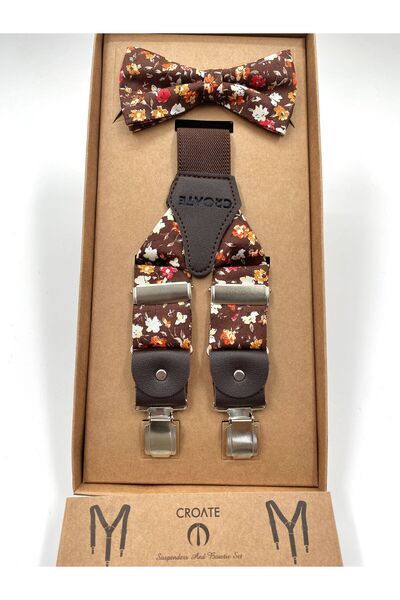 CROATE Brown Patterned Bow Tie & Trouser Strap Set – Same Fabric Design, Luxury Set with Special Box
