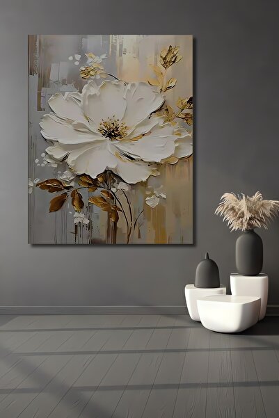 Teona Ahşap Büyük Beyaz ve Altın Çiçek Yağlı Boya Görünümlü Ahşap Dekoratif E...