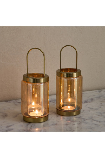 Home Box طقم حامل شموع صغير مزخرف من قطعتين من كومود زين مع مقبض - 8×8×20 سم