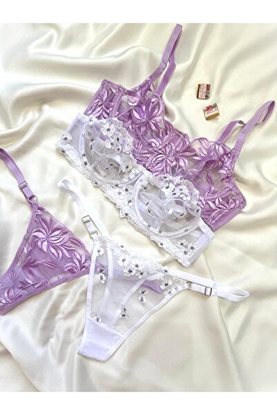 İNKO İÇ GİYİM Tulle Underwire Cupless Bra Thong Set 4-Piece Set