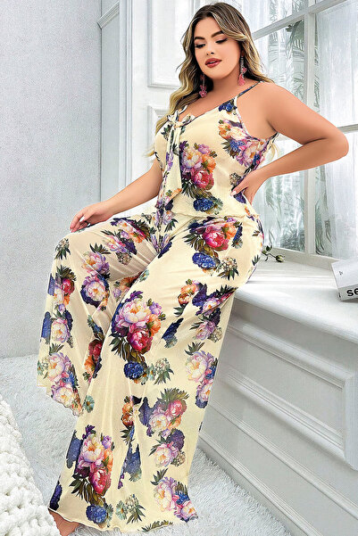 Viselya Çiçek Desenli Büyük Beden Yazlık Pijama Takımı