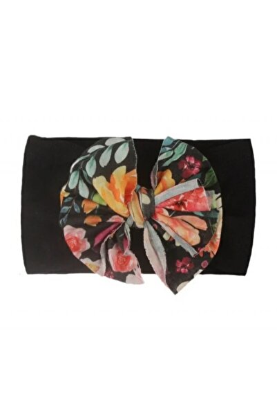 Superbaby Bentita neagra lata cu funda inflorata aplicata