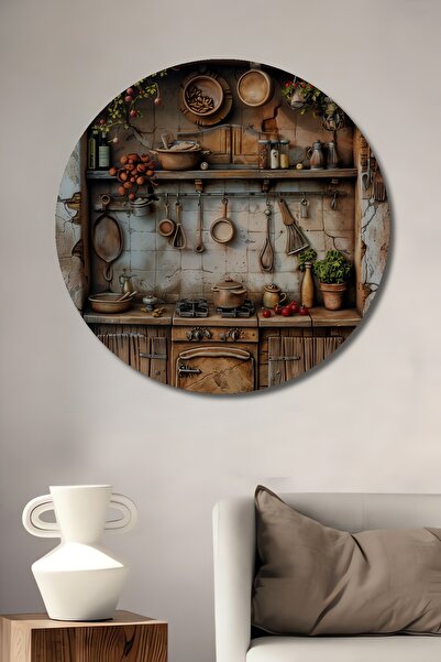 Teona Ahşap Antika Mutfak Eşyaları Görünümlü Ahşap Tablo Yuvarlak Duvar Tablosu