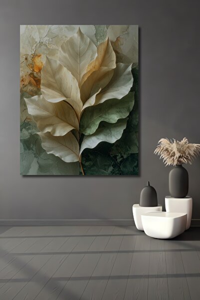 Teona Ahşap Büyük Yaprakların Modern Yağlı Boya Görünümlü Ahşap Ev,Antre,Salo...