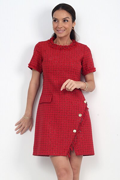 By Saygı Women's Button Detailed Short Sleeve Tassel Detailed Chanel Short Dress