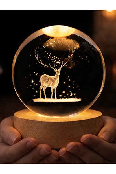 moryconcept Geyik Model Ahşap Altlıklı USB LED Kristal Cam Küre Gece Lambası ...