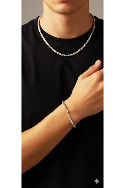 Shae Jewelry Paslanmaz Çelik 4.5 mm Angelus Zincir Set Erkek Kolye ve Bileklik