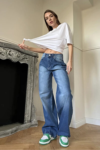 BALİNA Yıkama Detaylı Retro Baggy Jean Orta Mavi-THE SOLO