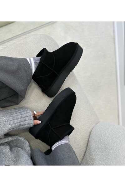 YGT Premium حذاء أسود من جلد الغزال مع فرو داخلي ونعل مرتفع