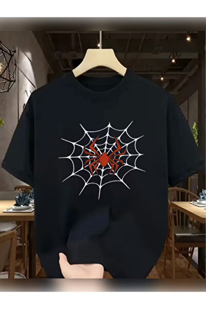 TİMİSİVA Unisex Oversized Örümcekaği Printed Crew Neck Short Sleeve Black T-S...