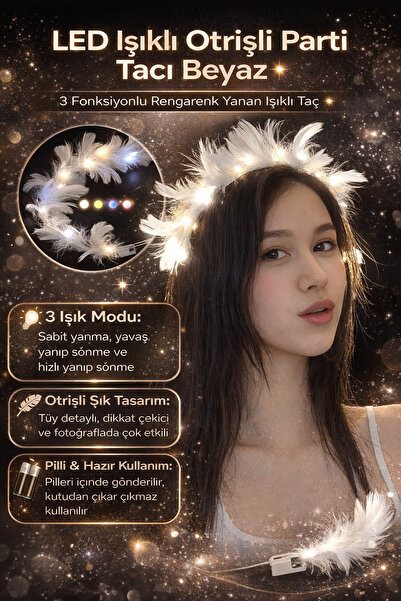 Tamsena Store LED Işıklı Otrişli Parti Tacı Beyaz – 3 Fonksiyonlu Rengarenk Y...