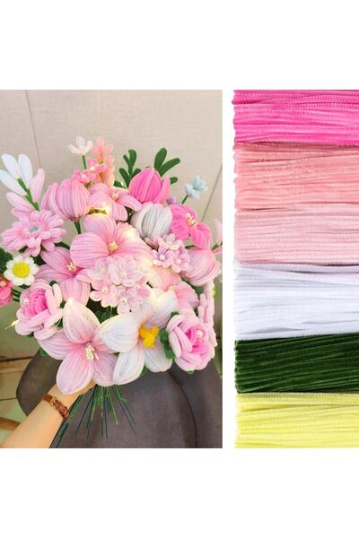 Hobialem 150 Adet 6'lı Şönil Seti Soft Pembe, Sarı, Gül Kurusu, Fuşya, Beyaz, Haki Yeşil ,Çiçek Yapım Tel