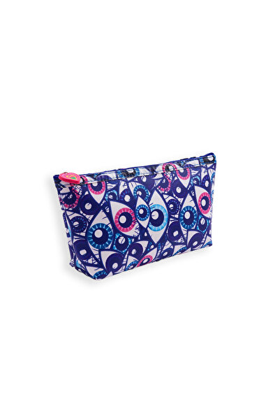 Juene Navy Blue Large Rectangular Makeup Bag with Special Eye Pattern