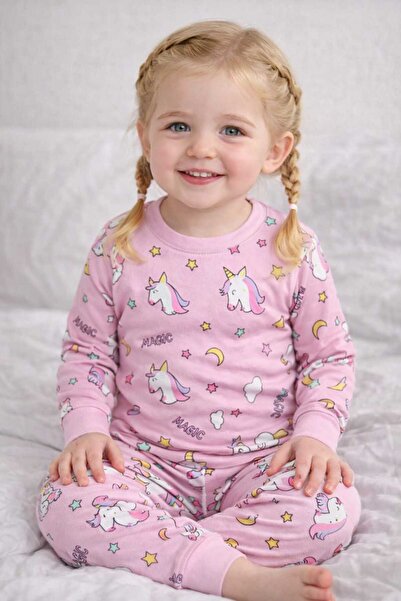 BEBEĞİME ÇORAP Дългоръкавен розов пижамен комплект с мотив еднорог за момичета