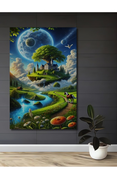 Teona Ahşap Tablou decorativ din lemn cu peisaj rural de poveste și aspect de...