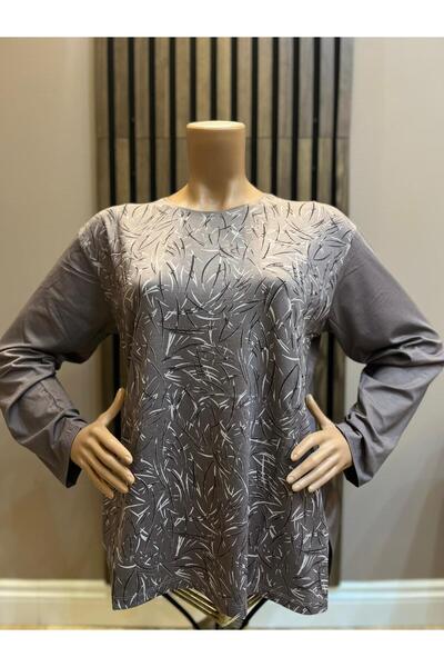 AKMAVİ Kadın Orta Yaş Ve Üzeri Baskı Desenli Simli Yırtmaçlı Anne Penye Bluz