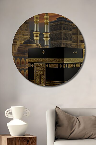 Teona Ahşap Pictură de artă aurită cu aur Kaabe, tablou rotund de perete