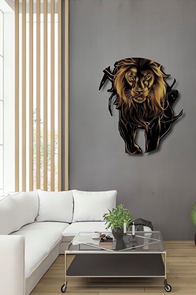 Teona Ahşap Masă decorativă din lemn cu aspect de pictură în ulei cu leu auriu