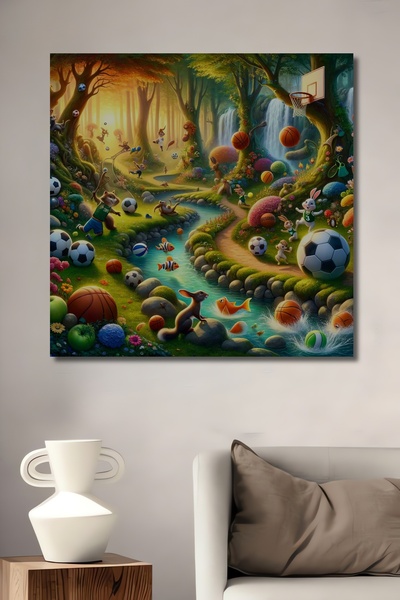 Teona Ahşap Scenă de baschet cu tematică de pădure, pictură decorativă pe lem...