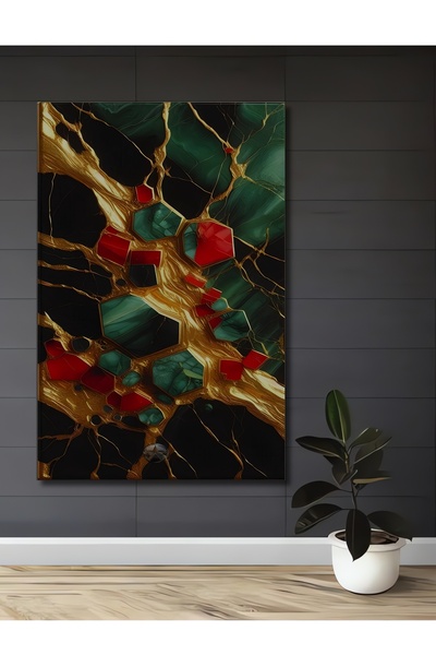 Teona Ahşap Pictură pe lemn cu aspect de piatră de jad verde și roșu cu nervu...