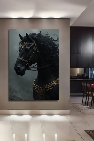Teona Ahşap Μυστηριώδης Μαύρο Άλογο Ελαιογραφία με Εμφάνιση Ζωγραφικής σε Λάδ...