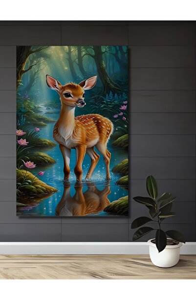 Teona Ahşap Tablou din lemn cu aspect de pictură în ulei, cu pui de căprioară...