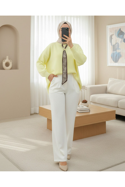 Modamorfo Round Neck Scarf Loose Knitwear Tunic - Light Yellow