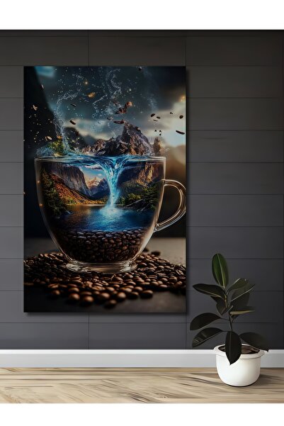 Teona Ahşap Tablou decorativ din lemn cu peisaj montan maro și aspect de acua...