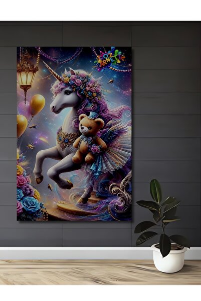 Teona Ahşap Unicorn și ursuleț, pictură decorativă pe lemn cu aspect de pictu...