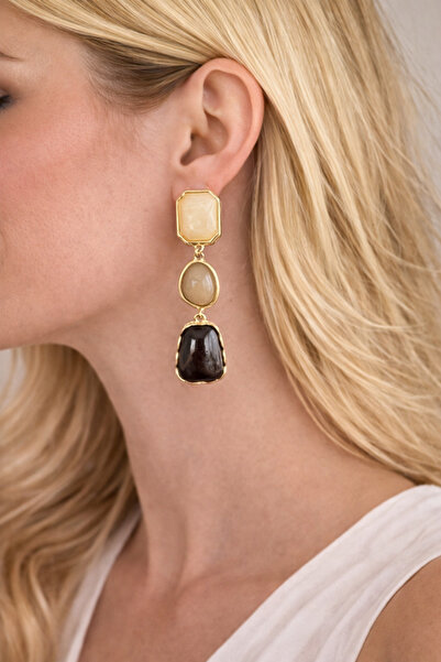 POSEİDONS JEWELLERY Vintage Style Natural Stone Detailed Gold Color Long Dang...