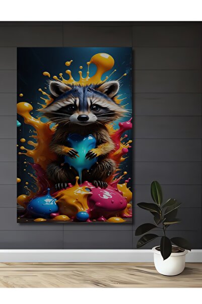 Teona Ahşap Tablou decorativ din lemn cu aspect de acuarelă cu raton colorat