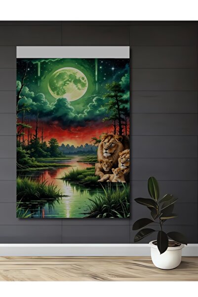 Teona Ahşap Familia Leului, peisaj de pădure la lumina lunii, pictură decorat...