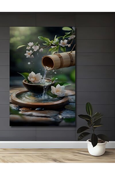 Teona Ahşap Lotus Çiçekli Bambu Sulama Sulu Boya Görünümlü Ahşap Dekoratif Tablo