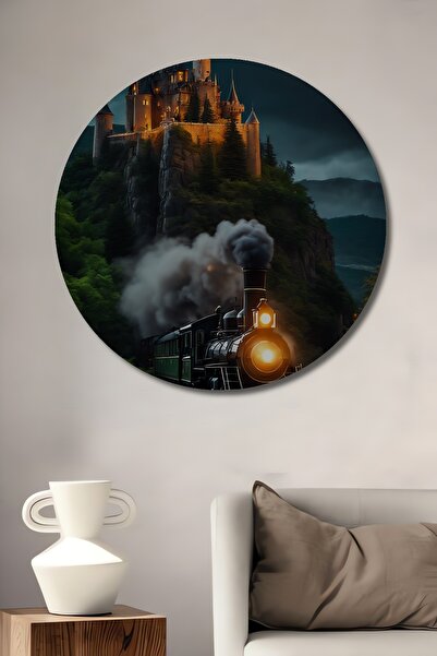 Teona Ahşap Pictură decorativă pe lemn cu trenul cu aburi în fața castelului ...