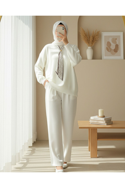 Modamorfo Round Neck Scarf Loose Knitwear Tunic -Ecru