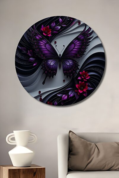 Teona Ahşap Pictură decorativă din lemn Purple Butterfly Art Pictură rotundă ...
