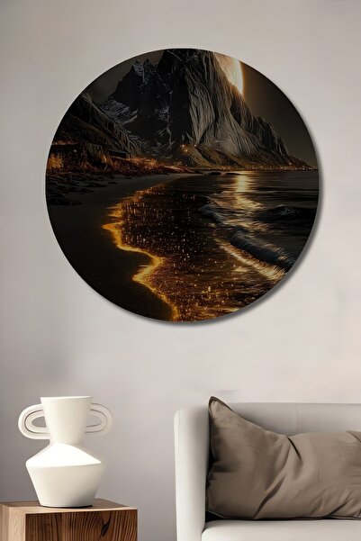 Teona Ahşap Pictură murală rotundă cu peisaj cu lumina lunii de pe malul mări...