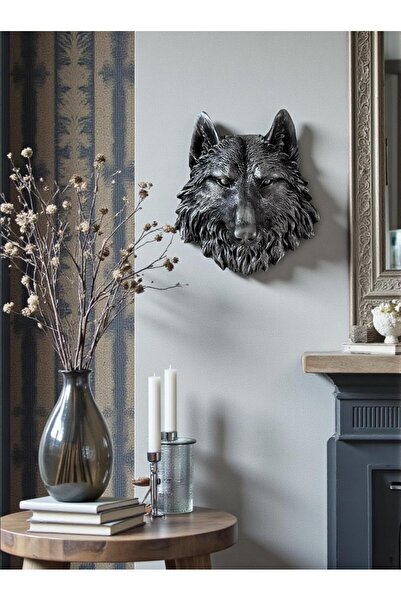 Porselian Gümüş Dekoratif Kurt Başı Duvar Süsü 20x17 cm Beton Kabartma Heykel